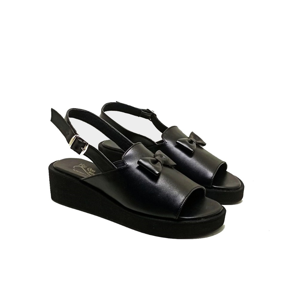 BIG SIZE - Sandal Wanita Selop Pita Full Black Wedges Pesta Formal Casual Cewek Ukuran Jumbo Branded