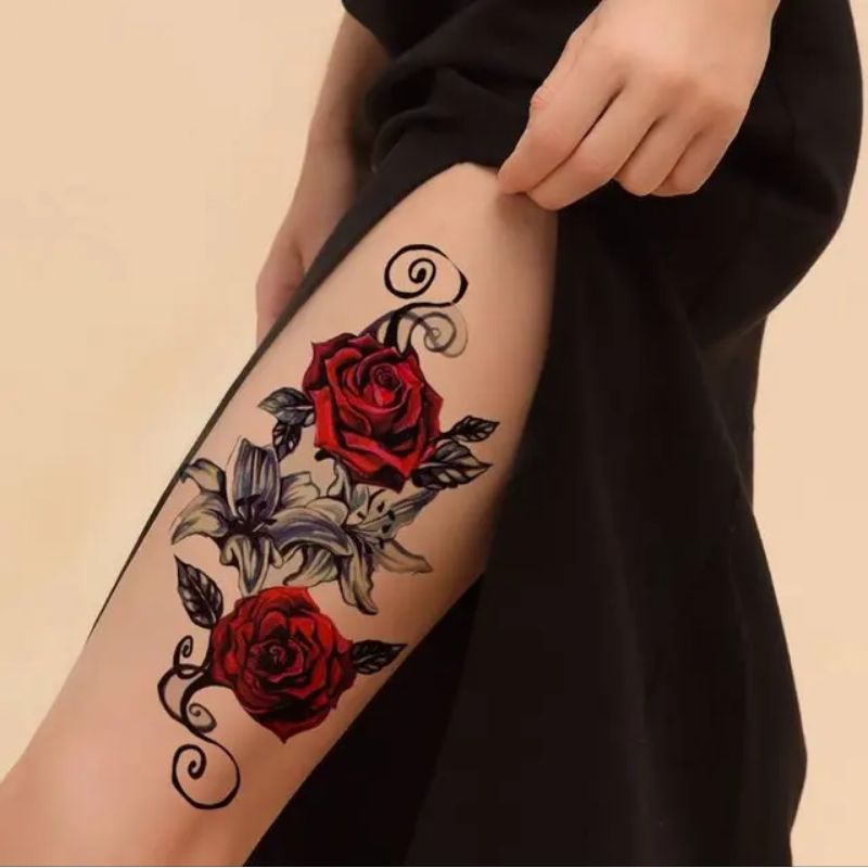 Tato Temporer Seri QC-667 Temporary Tattoo Tatto Tubuh Kering Bunga Mawar Merah Silver Perak Tahan L