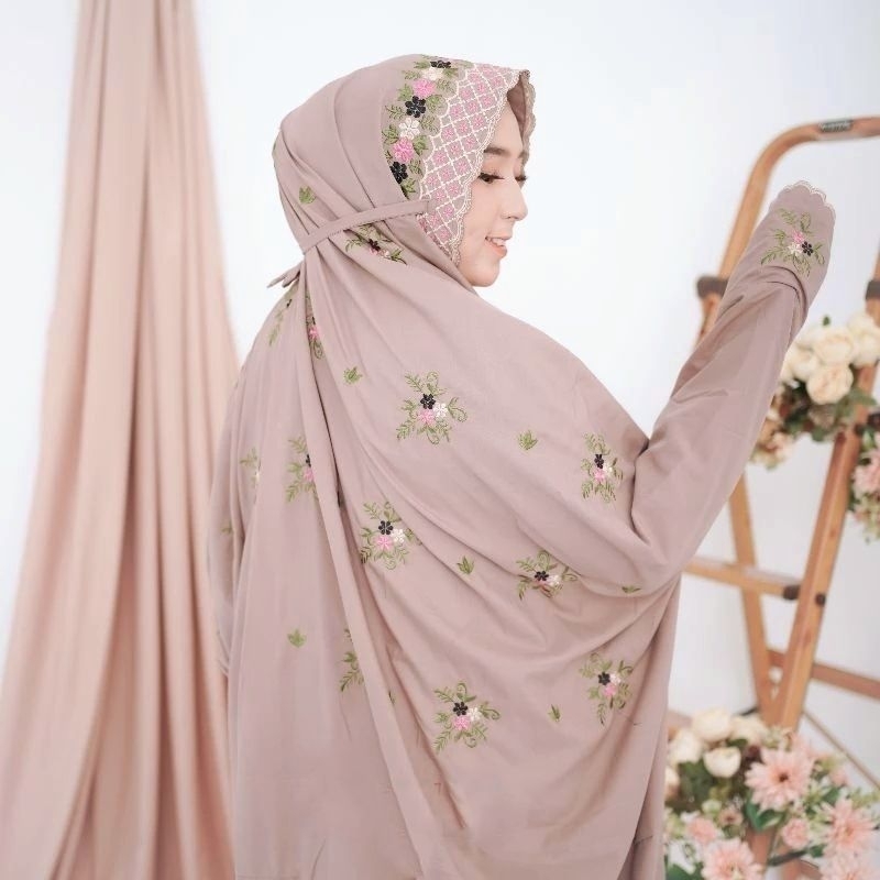 Mukena Terusan PREMIUM SILK Bordir Mewah Sutra Look | Mukenah Langsungan Dewasa Motif Bunga | Teleku