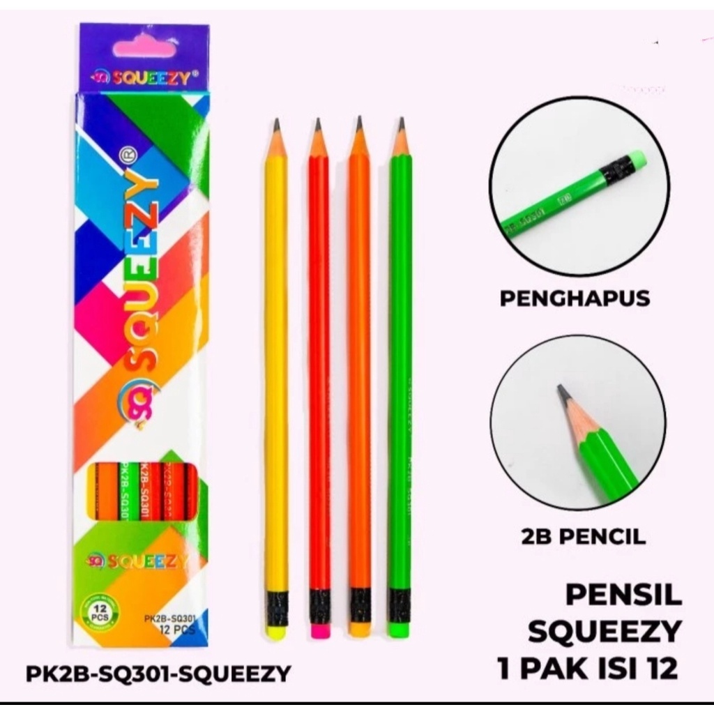 

[1 Kotak] Pensil Kayu 2B+Eraser Squeezy SQ-301 Sudah Diraut / Pensil Ujian 2B+Penghapus Squeezy