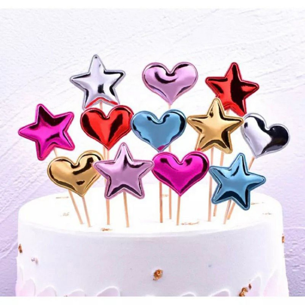 Topper Kue Bentuk Love Hati Bintang Star Tusukan Dekorasi Cake Ulang Tahun 5 pcs per set
