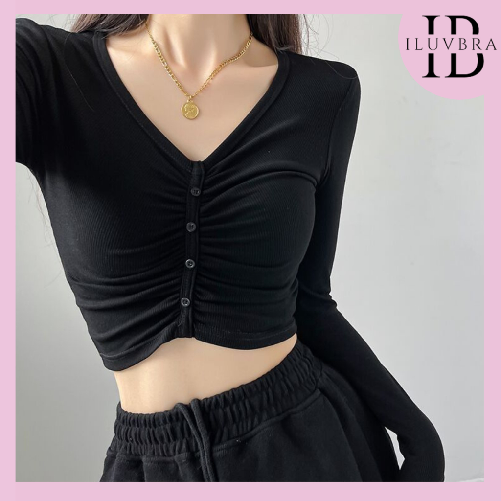 •ILUVBRA•BJ1691 Baju Kancing Depan Kaos Sexy CropTop Knit Atasan Serut Lengan Panjang Wanita Korea