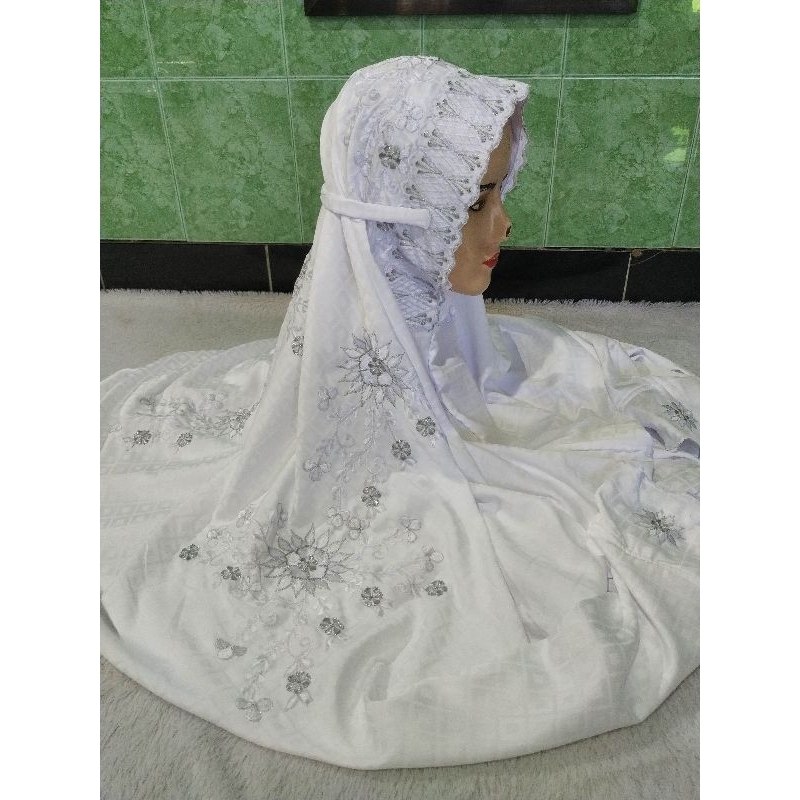 Mukena terusan semi sutra bordir putih