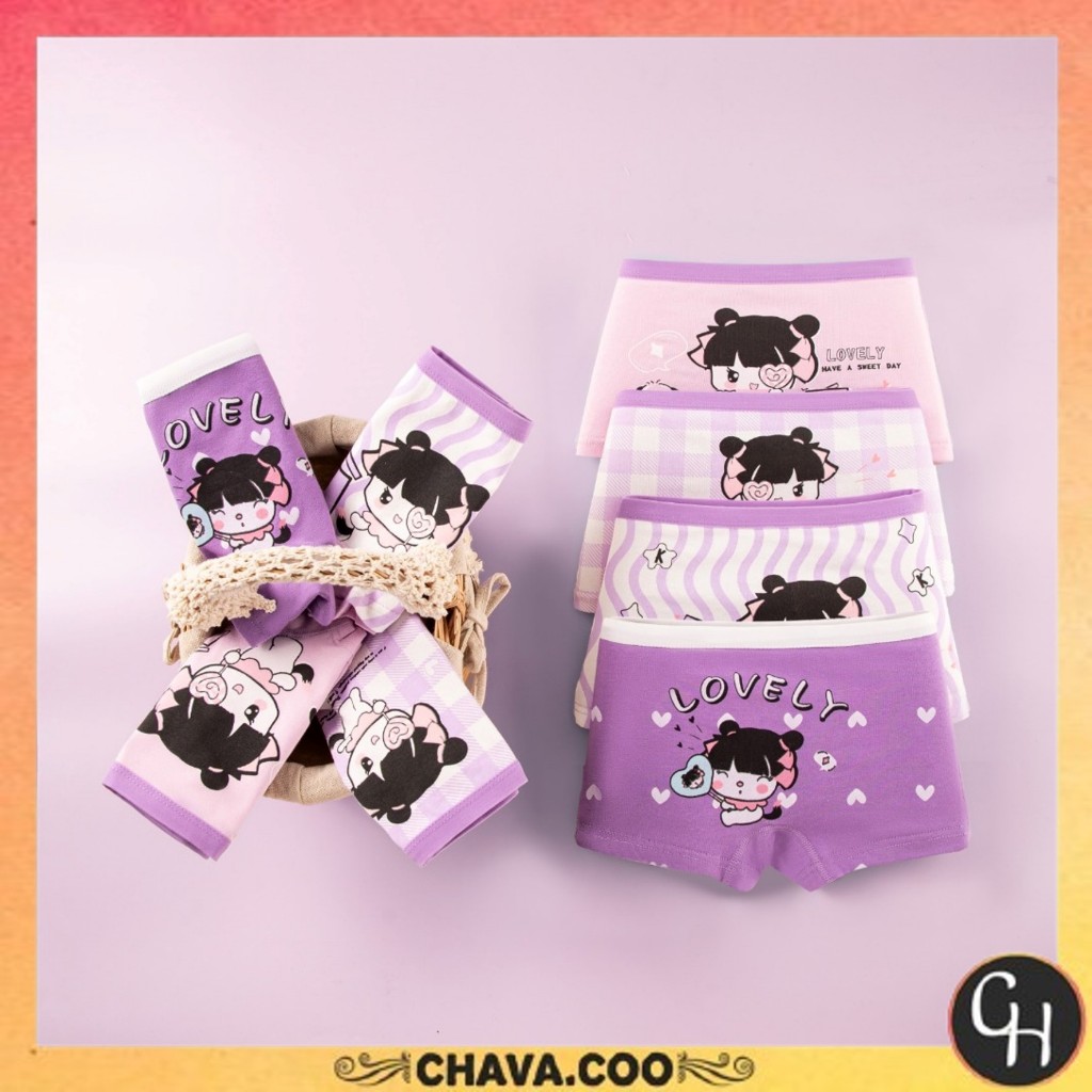 CHAVA | CD1767 Celana Dalam Boxer Anak Perempuan CD Bahan Katun Motif Kartun Ungu Pink Kid Lucu