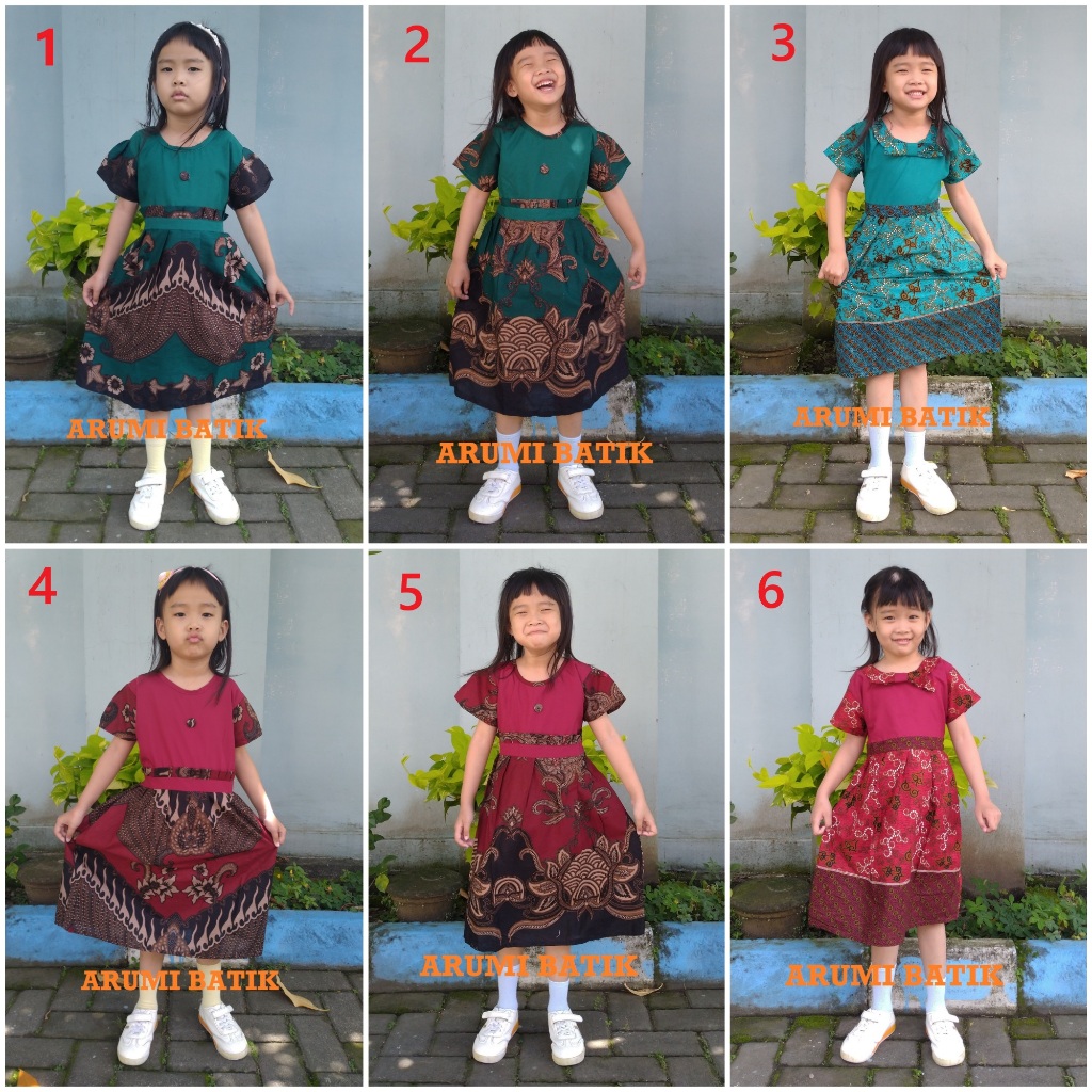 Dress Batik Anak Perempuan Balita TK SD PAUD Mix Merah Hijau Maroon Tosca