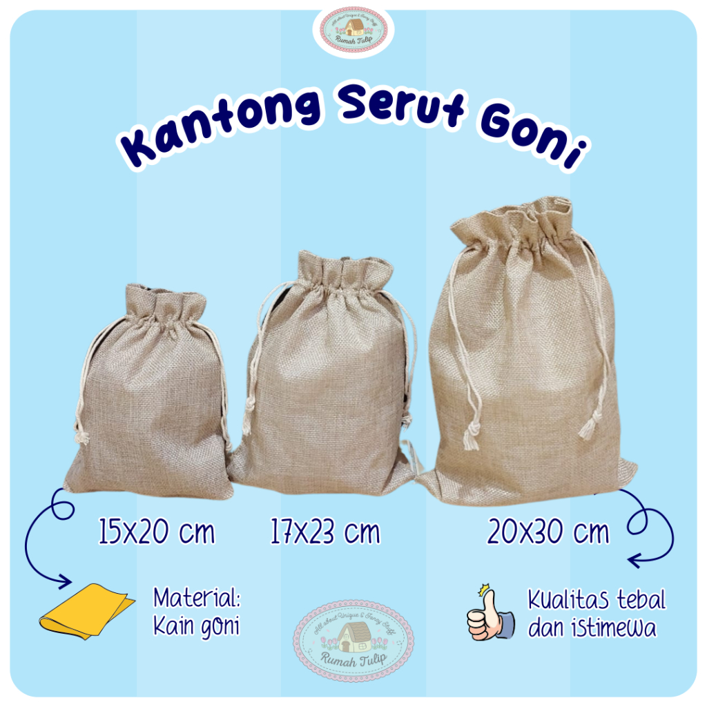 

Kantong Goni Souvenir Pouch Serut Jutebag Ukuran 15x20cm, 17x23cm, 20x30cm