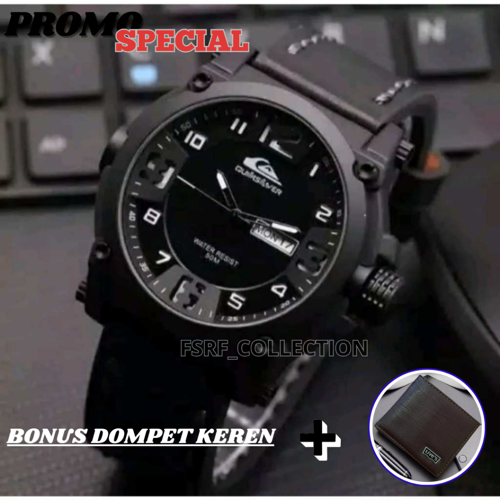 PAKET HEMAT - ( BISA COD ) JAM TANGAN PRIA QUIKSILVER TALI KULIT TANGGAL HARI AKTIF ANTI AIR FREE BO