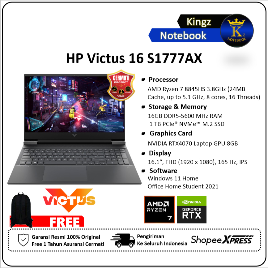 HP Victus 16 RTX4070 Ryzen 7 8845HS 16GB 1TB SSD Win11+OHS 16,1" FHD 165Hz