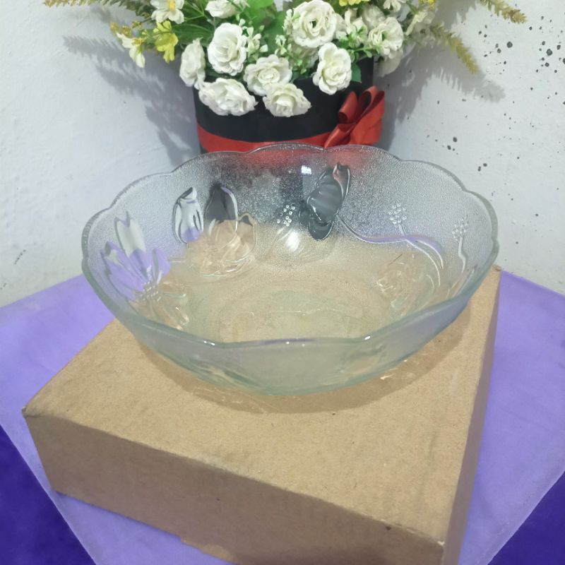 Mangkok Besar Kaca Beling Motif Bunga Diameter 22,5cm