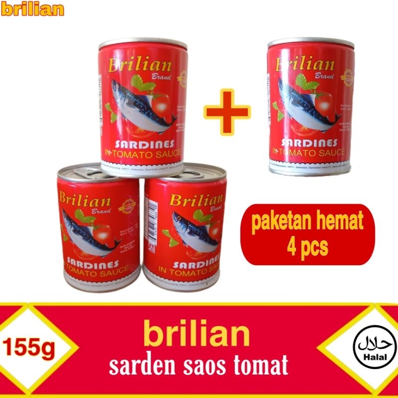 

Paket 4pcs Sarden Brilian 155g Sarden murah sarden saos tomat sarden promo sarden lezat Exp JAN 2028