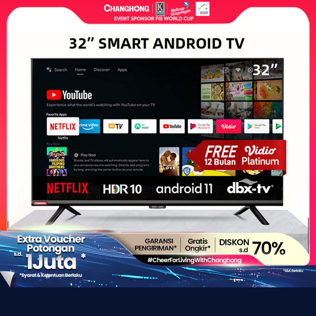 Changhong 32 Inch Newest Android 11 Frameless Smart TV Digital LED TV HD (L32G7N)-Netflix-Youtube Ga