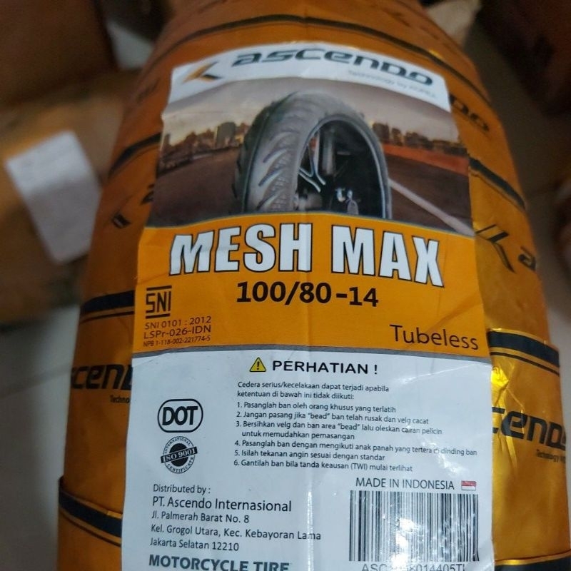 BAN LUAR ASCENDO 100/80-14 TL TUBLESS MESH MAX