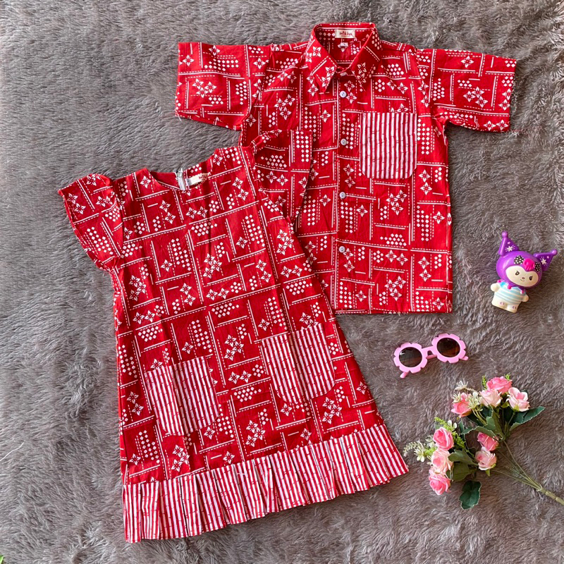 COUPLE DRESS ANAK PEREMPUAN DAN LAKI LAKI BATIK MERAH PUTIH RAINI BAHAN KATUN MURAH