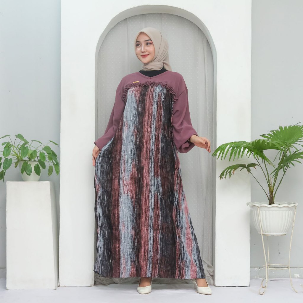 Ghania Dress Gamis Jumbo Ld 130 Terbaru Rayon Mix Crinkle Airflow Premium Baju Muslim Wanita Kondang