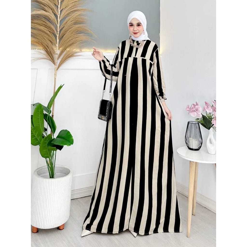 Gamis Motif Salur Viral Rayon Viscose Premium Halus Busui Friendly Dress Rayon Kombinasi Silang