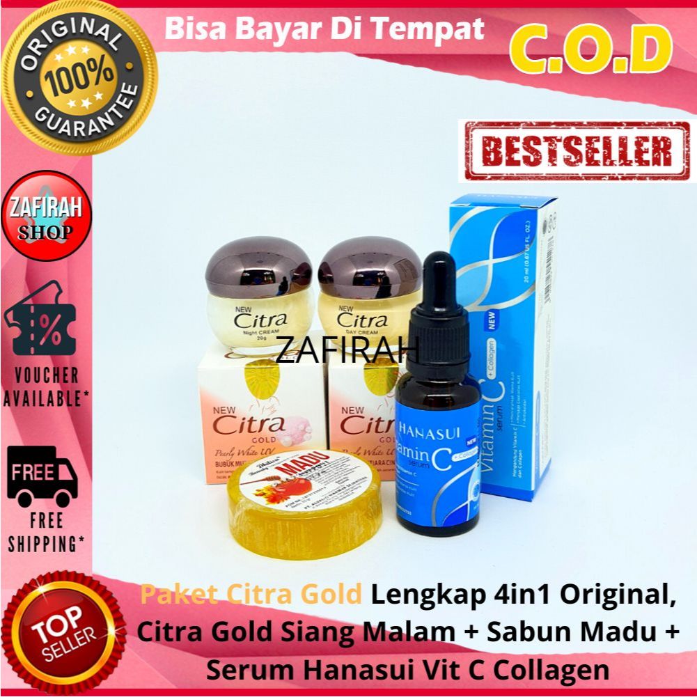 Citra Gold Paket Lengkap 4in1, Citra Gold Siang Malam + Sabun Madu + Serum Hanasui Vit C Collagen