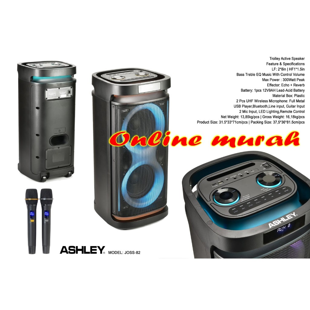 speaker portable wireless rechargeble ashley joss 82 / joss82 double woofer 8 inch x 2 garansi resmi