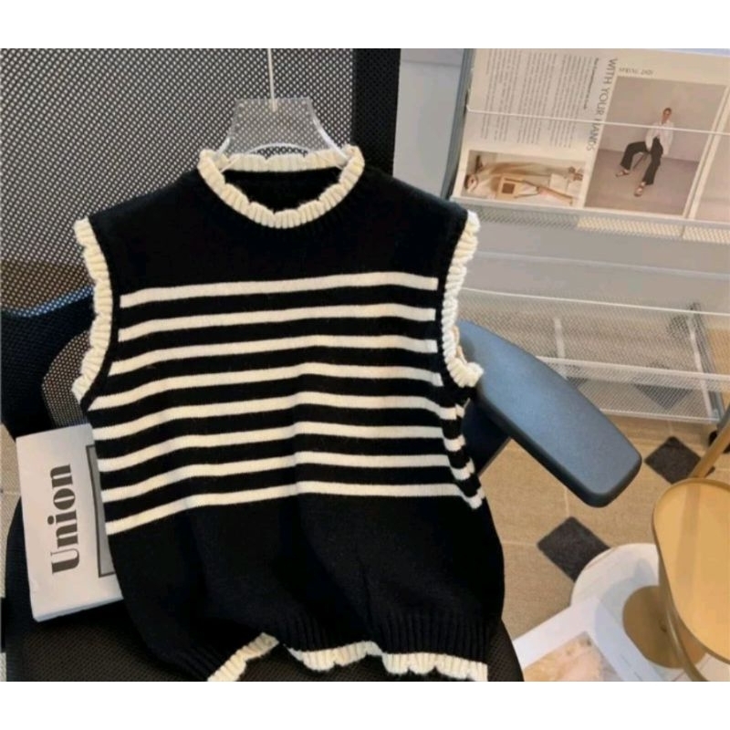 vest ROMPI RAJUTAN ATASAN SWITER LIST BLUOS STRIF STYLE KOREA LUARAN MODIS