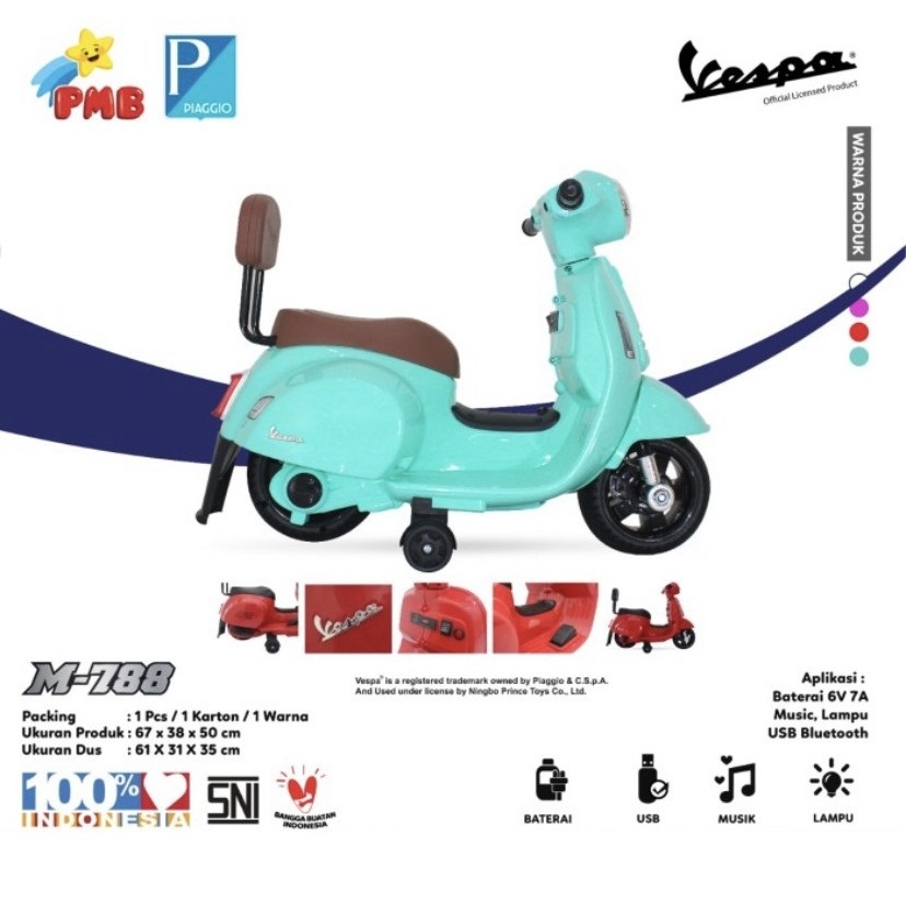 Mainan Anak Motor Listrik VESPA M788 PIAGGIO MOTOR AKI