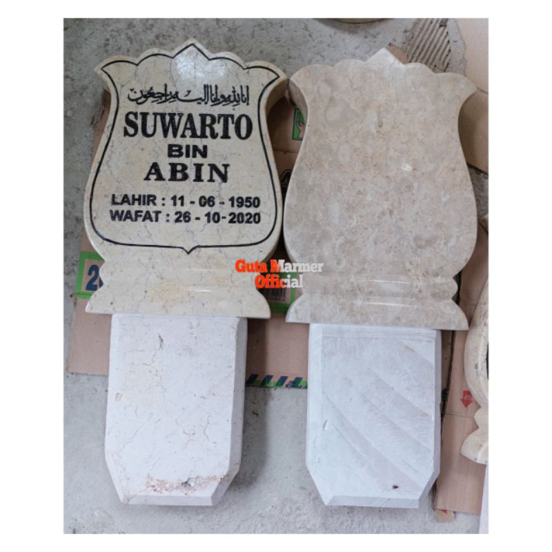 Nisan || Maesan Pipih Batu Marmer Putih + Tulisan Ukir