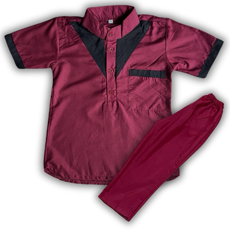 baju koko anak laki laki lengan pendek motif leher betmen warna merah maroon