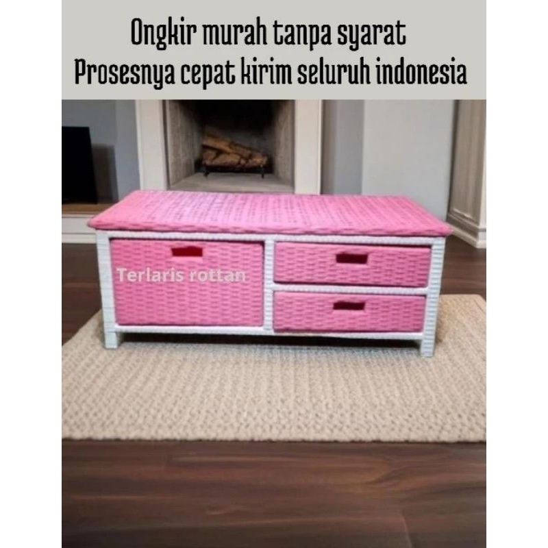 (Ready stok) Meja TV Rotan Sintetis Rak Laci 3 Rak Buku susun