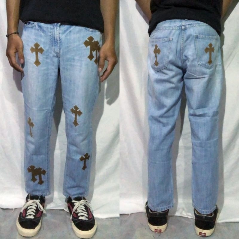 Celana Panjang Longpants Jeans Jewel Changes Light Blue Washed Fading Slim Custom Cross Chrome Heart