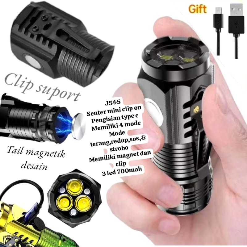 J545 ORIGINAL SENTER LED CAS TYPE C TIPE MAGNET MINI SUPER TERANG LAMPU SENTER 3LED 4 MODE MINI FL