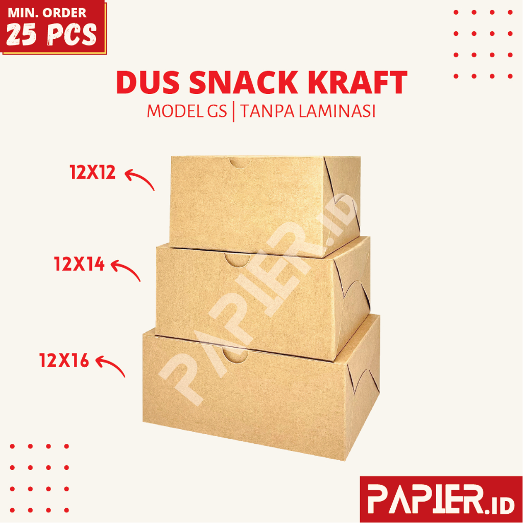 

Box Snack Kraft GS Tanpa Laminasi uk. 12x12 , 12x14 , 12x16 | Dus Kue Kotak Makanan