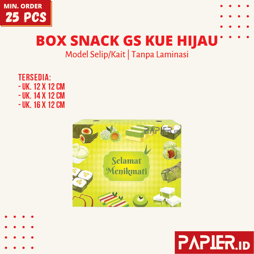 

Box Snack GS Motif Kue Hijau uk. 12x12 , 14x12 , 16x12 cm Tebal 310gr Tanpa Laminasi / Dus Snack Kotak Makanan 12x12 , 12x14 , 12x16