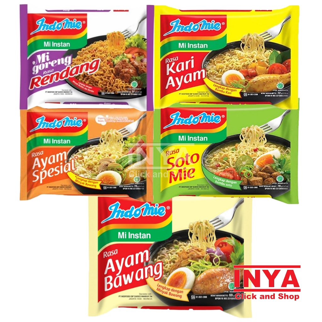 

Indomie Mi Instan Kuah Rasa Soto, Kari Ayam, Ayam Bawang dan Ayam Special - Instant Noodles