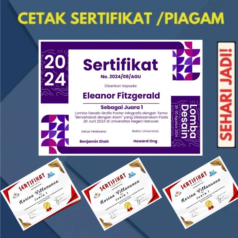 

CETAK SERTIFIKAT/ PIAGAM BAHAN LINEN [1 Hari Jadi]