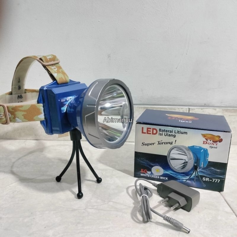 senter kepala dony 50 watt LED LASER kepala jumbo SR-777  diameter 10cm 3pcs baterai 8600mAh tahan 1