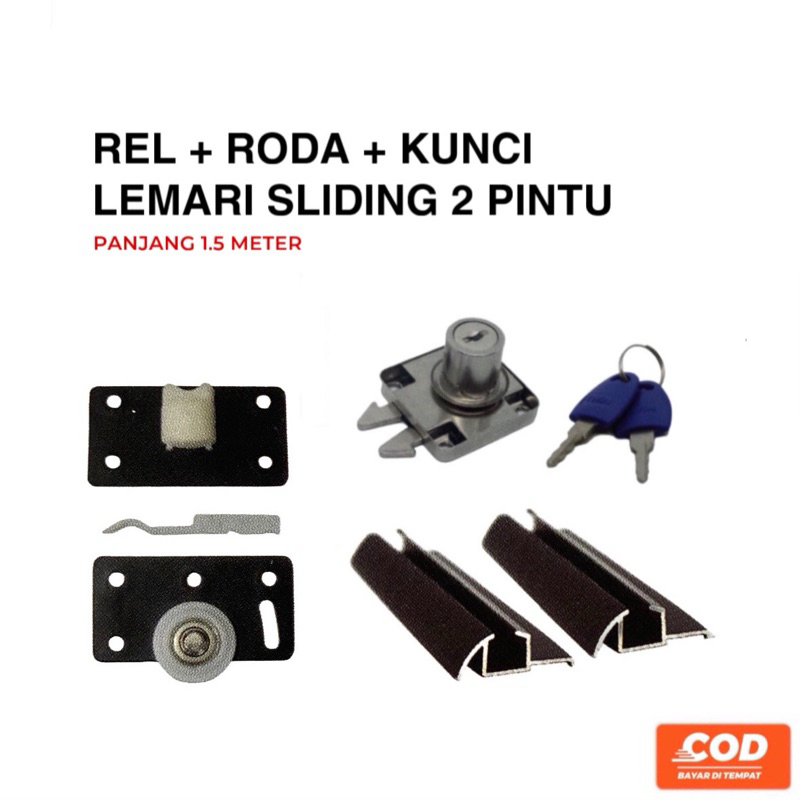 (2 Pintu+Kunci) Paket 4 Rel Timbul 380 Lenaga 1.5 Meter + 4 Set Roda SD 380 + Kunci Pintu Lemari Sli