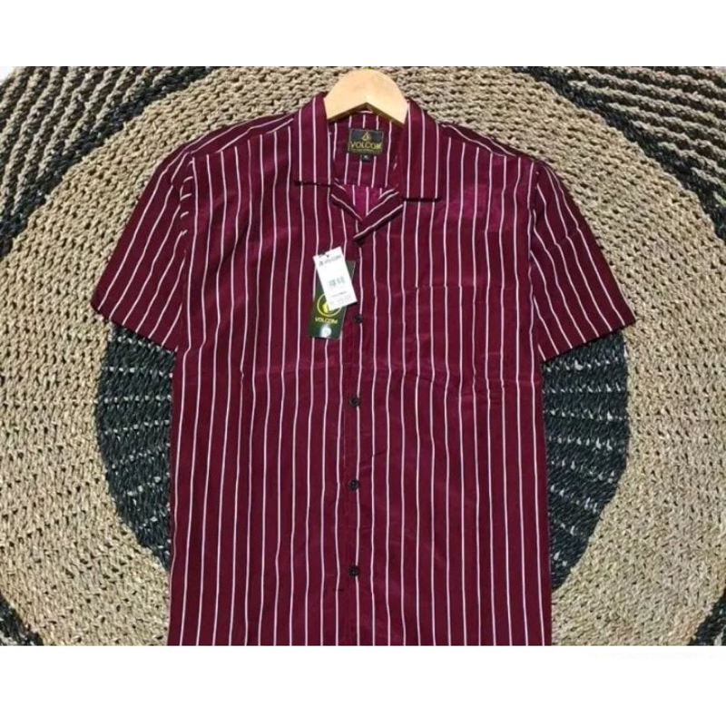 Kemeja Salur Cowok Strip Lengan Pendek Hem Salur Garis -Garis Kasual Terlaris