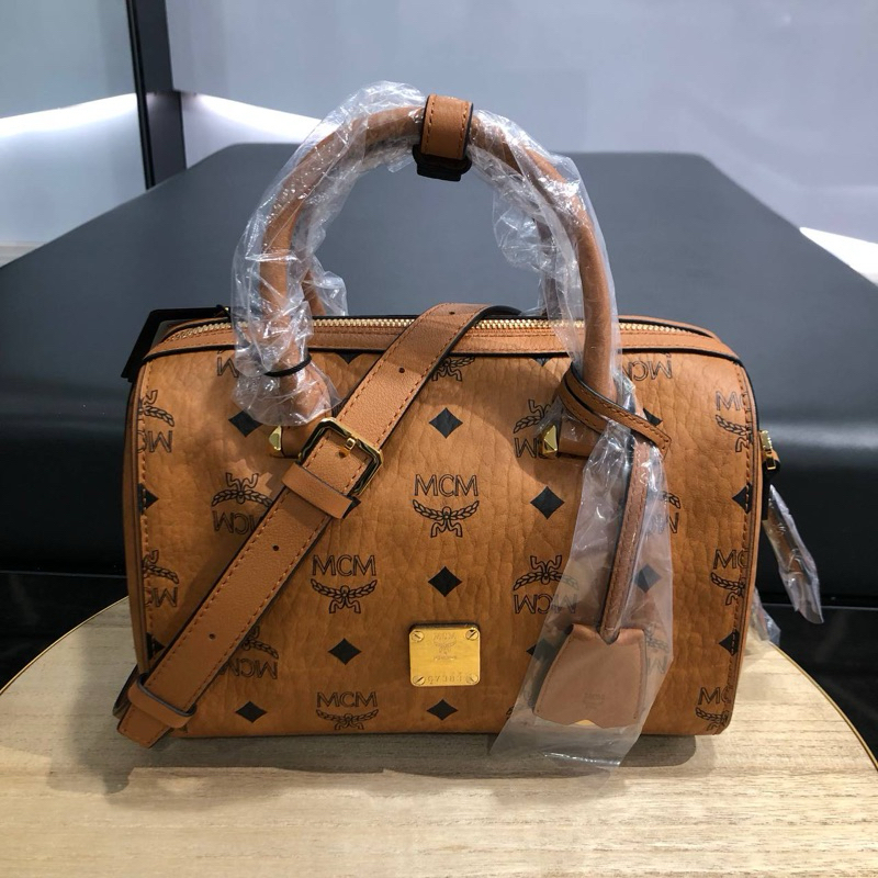 MCM Small Boston Bag In Visetos Cognag