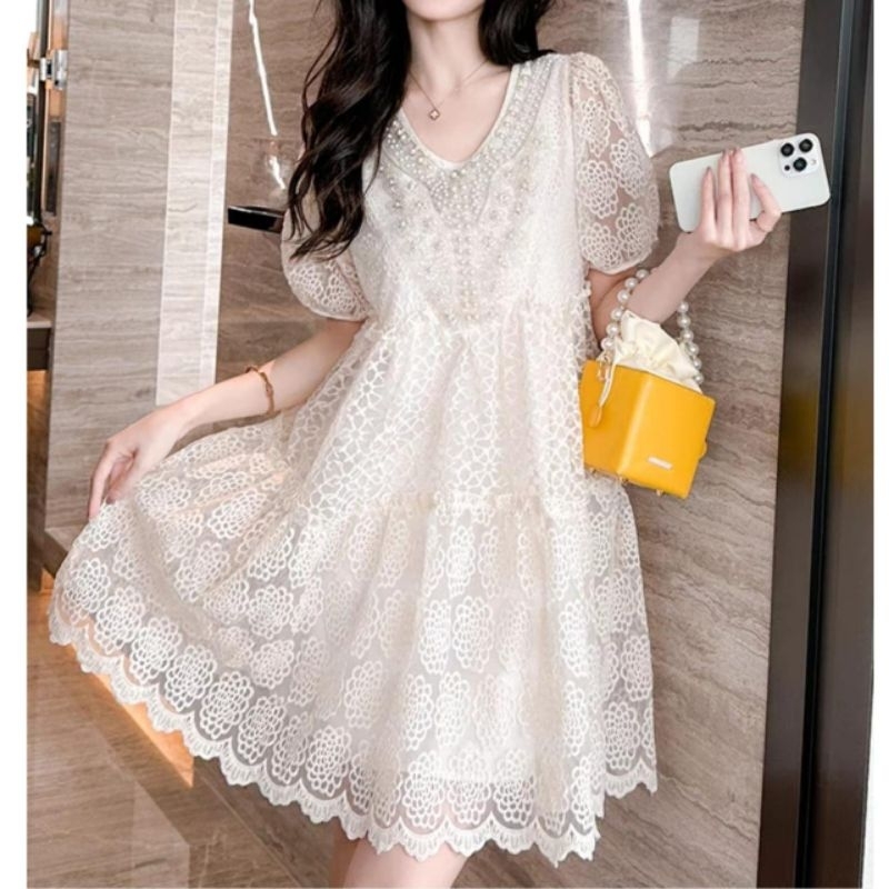 51701 Baju minidresss MELVINA BEADED COLLAR EMBROIDERED BABYDOLL VNECK LACE BROKAT DRESS pesta Korea
