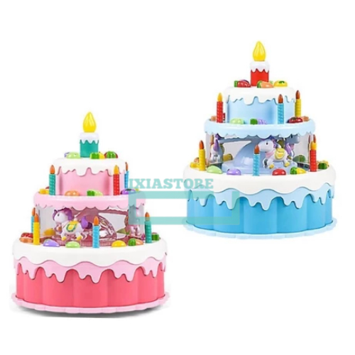 Mainan Anak Kue Ulang Tahun 3 Tingkat Set Nyala Lampu LED Suara Musik Mini Birthday Cake Toys Hiasan