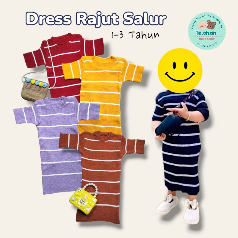 DRESS Rajut Salur 1-3 tahun tangan pendek / Dress rajut anak perempuan/ Kado anak perempuan / baju a