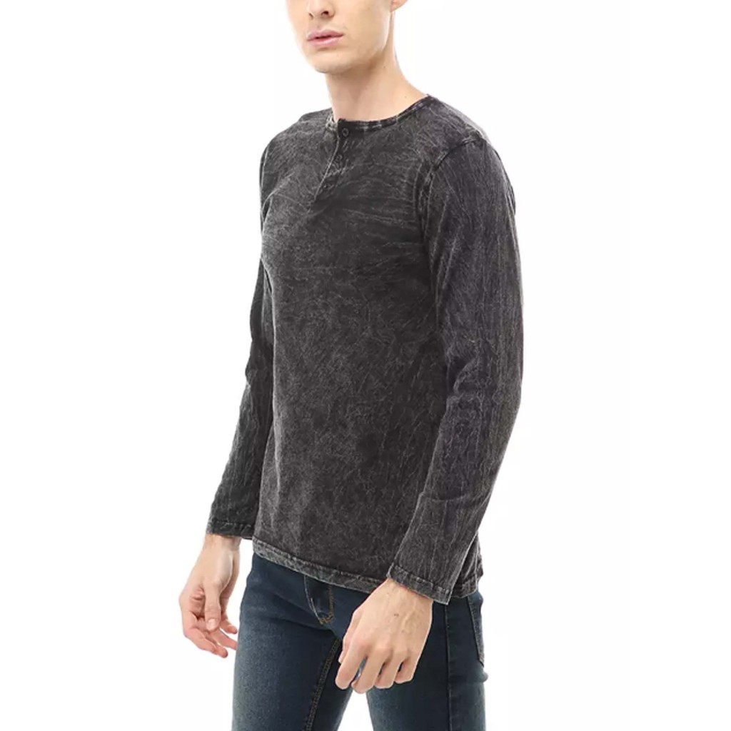 Washing kaos Henley pria kaos polos lengan panjang atasan pria simple kaos berkancing kancing baju l