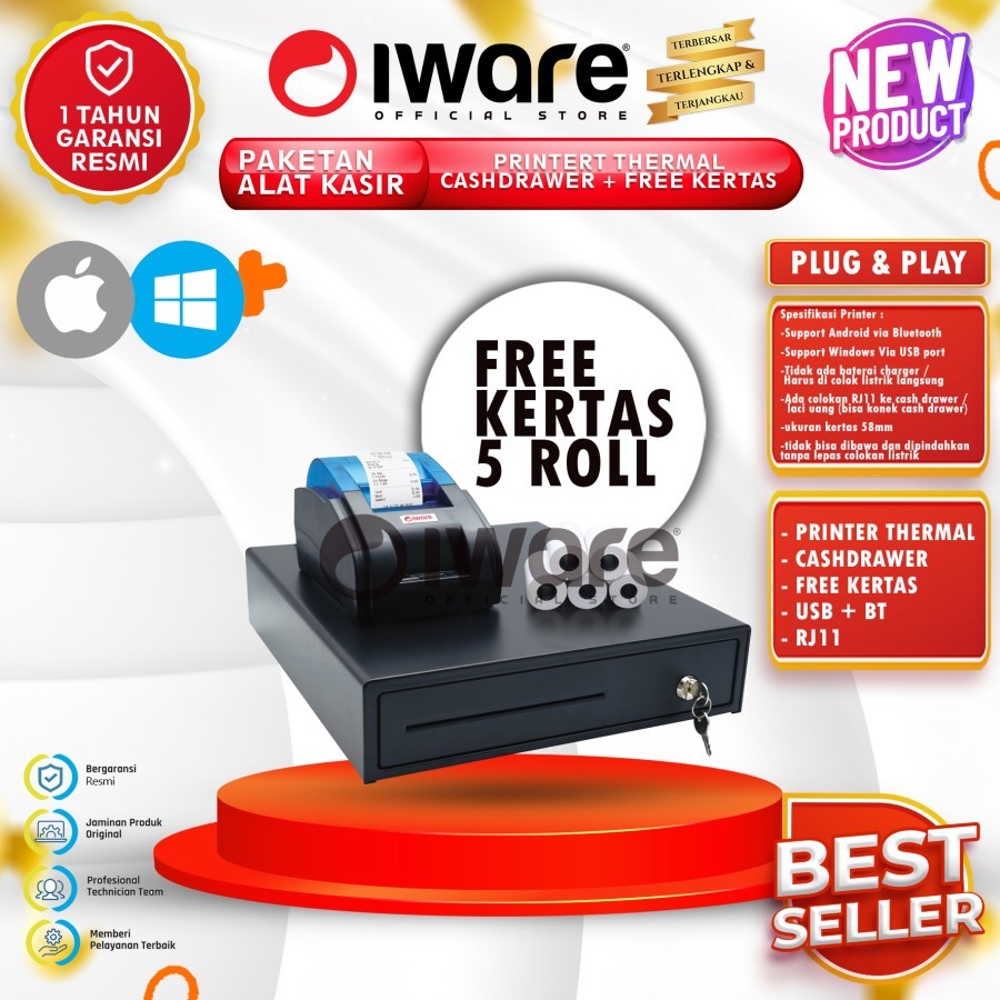 

Iware Paket Kasir Android, Printer Bluetooth, Cash Drawer Free Kertas 5 Roll