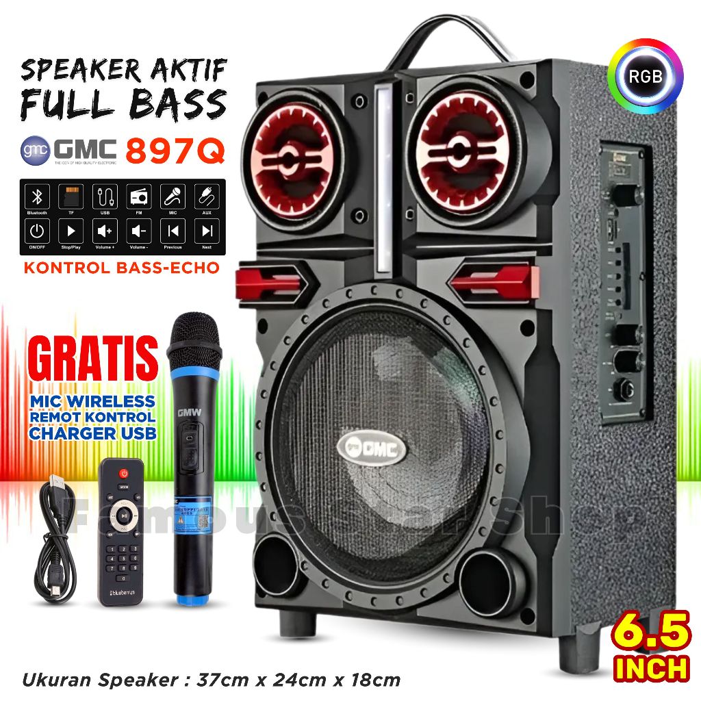 SPEAKER BLUETOOTH GMC 897 Q/P 6'5 INCH FREE MIC WIRELESS KARAOKE + REMOTE + CHARGER - SPEAKER KARAOK