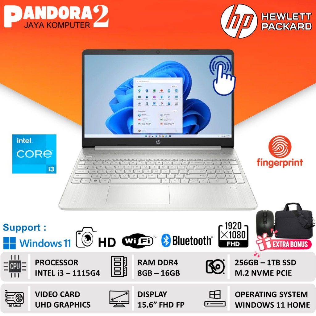 Laptop HP core i3 Gen 11 RAM 8GB SSD 512GB 15 FHD Touchscreen Win11 Baru