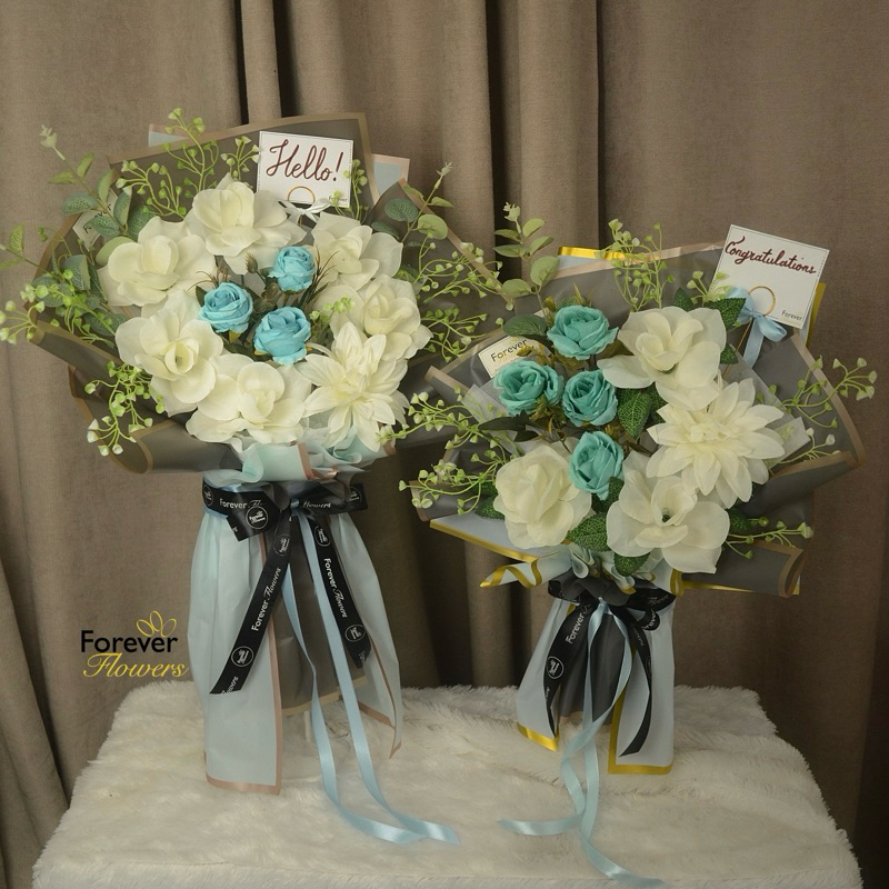 BOUQUET BUNGA VALENTINE ARTIFICIAL READY / BUKET BUNGA PALSU BIRU PUTIH BUKET WISUDA ANNIVERSARY