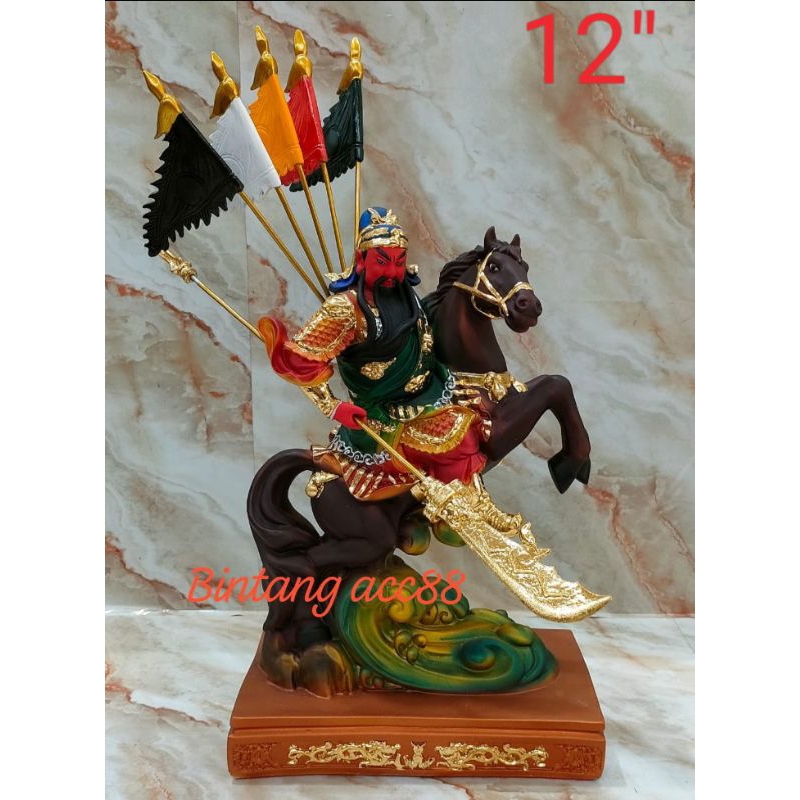 patung dewa kwan kung/ kwan kong / guan yu - kuda - fiber - 12inch