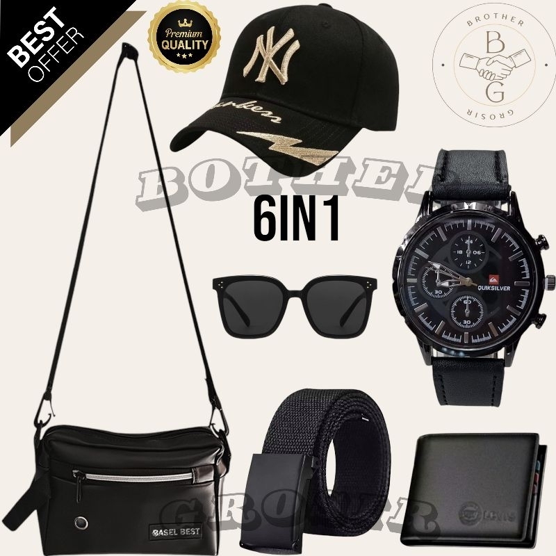 (PAKET STAR TERBARU) 6 In 1/Jam Tangan Pria Keren Gratis Tas Selempang,Topi Distro,Dompet Kulit,Ikat
