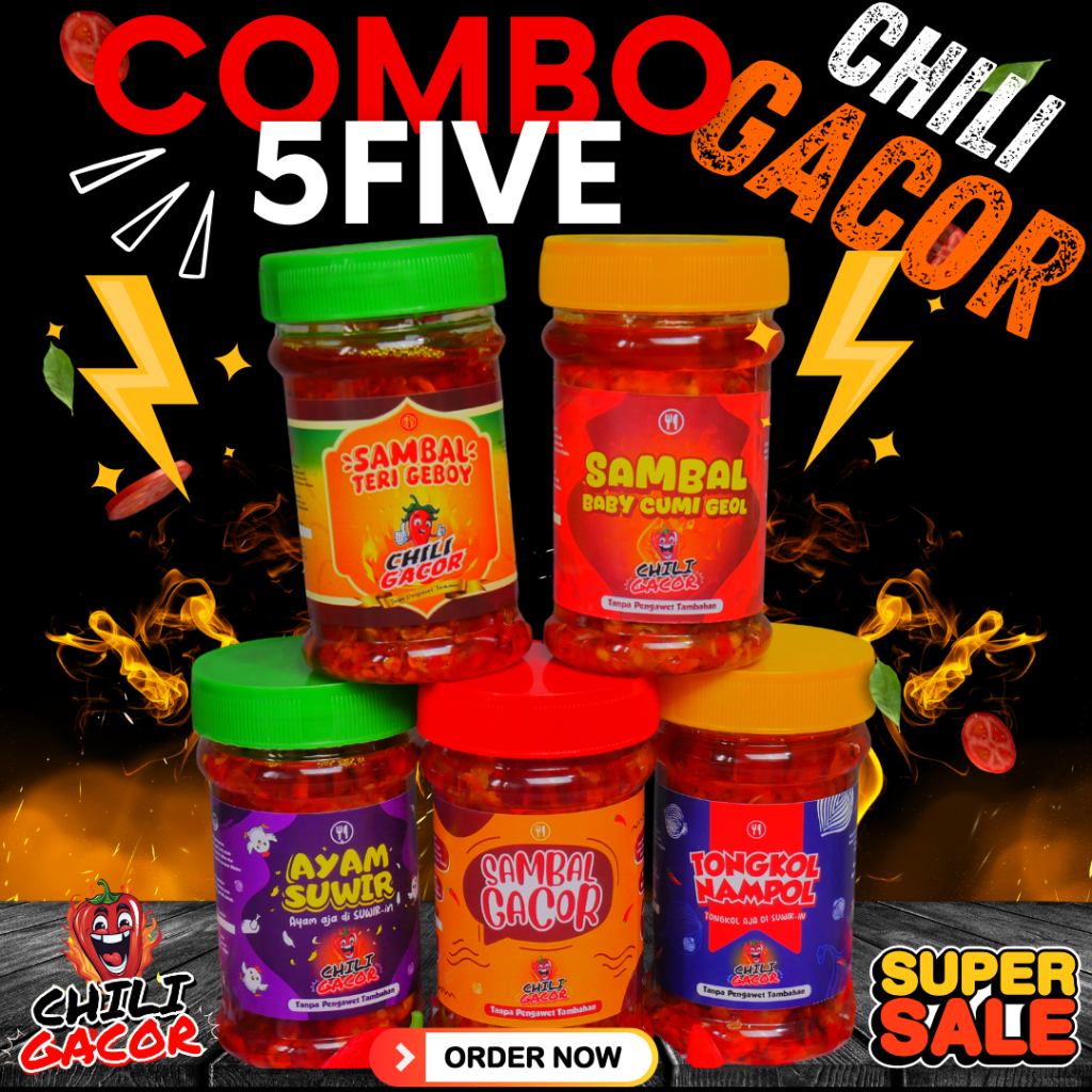 

Chili Gacor Combo 5 Sambal Baby Cumi Geol, Sambal Teri Medan Geboy, Sambal Ayam Suwir, Sambal Tongkol Nampol Suwir, Sambal Gacor Spesial Paket Sambal Bawang / Sambal Ijo 5 Botol Praktis