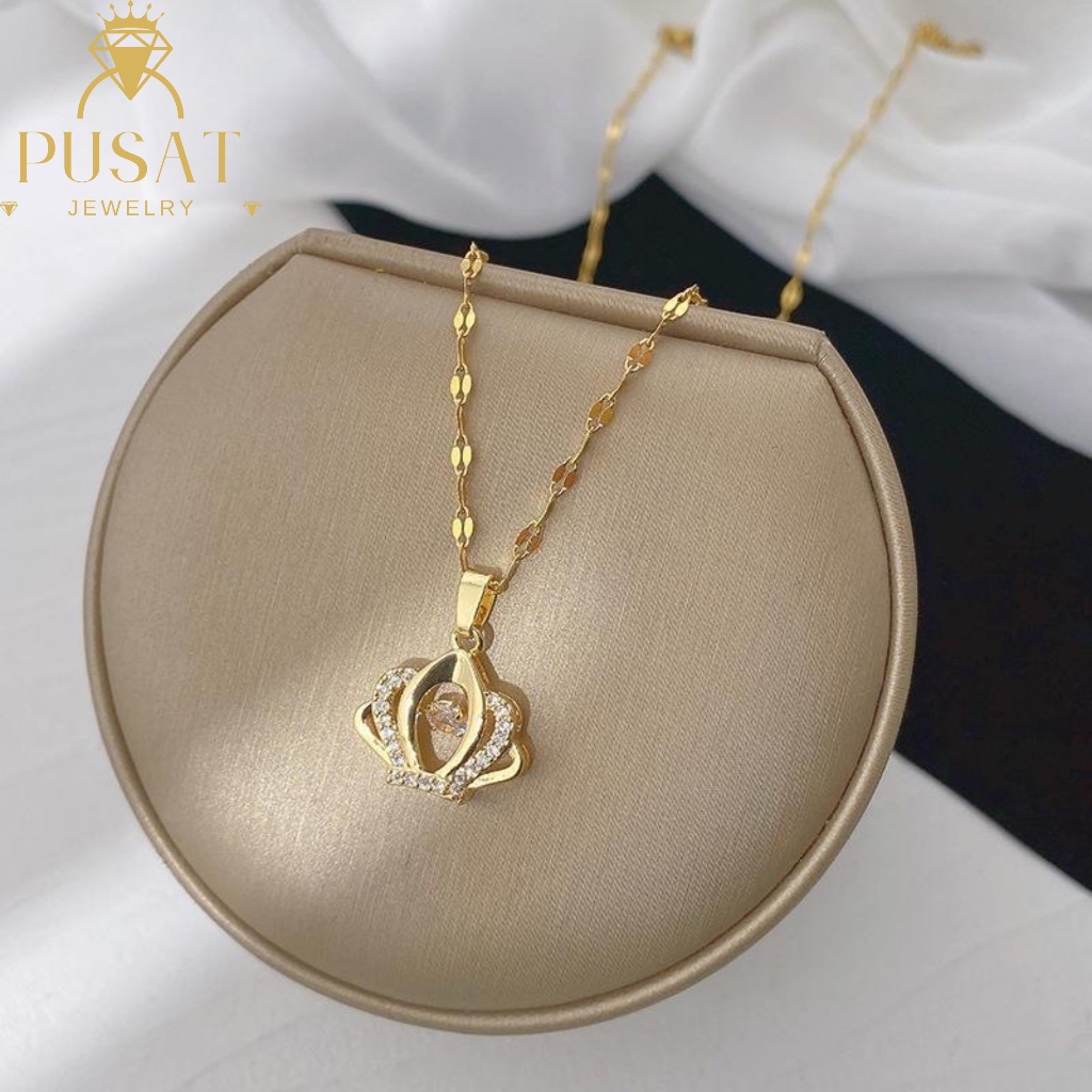 PJ K93 KALUNG TITANIUM WANITA LIONTIN MAHKOTA GOLD ROSEGOLD