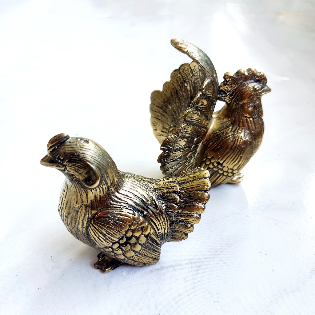 Patung Ayam Logam Kuningan Kecil Hiasan Shio Ayam Brass Statue Art Pajangan Dekorasi Rumah Souvenir 