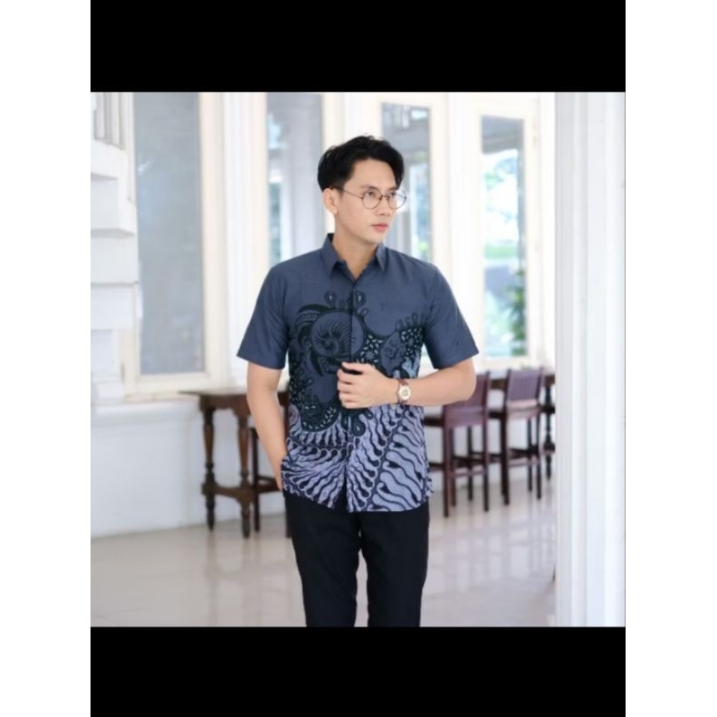 BARONG ABU kemeja batik pria slimfit lengan pendek full furing atasan batik pria warna abu